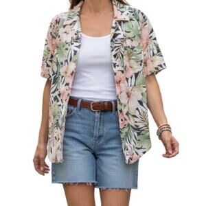 Jeri Marque Vintage 90s Hawaiian Pink Green Floral Shirt Womens Large Unisex